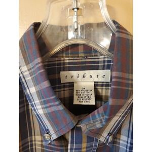 Tribute Men's Shirt Medium Button Up Long Sleeve Brown Gingham